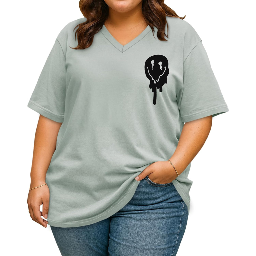 rosemia Plus Size Tops for Women Oversized Casual Tops V Neck Short Sleeves Basic Tees 2026 Green Smile