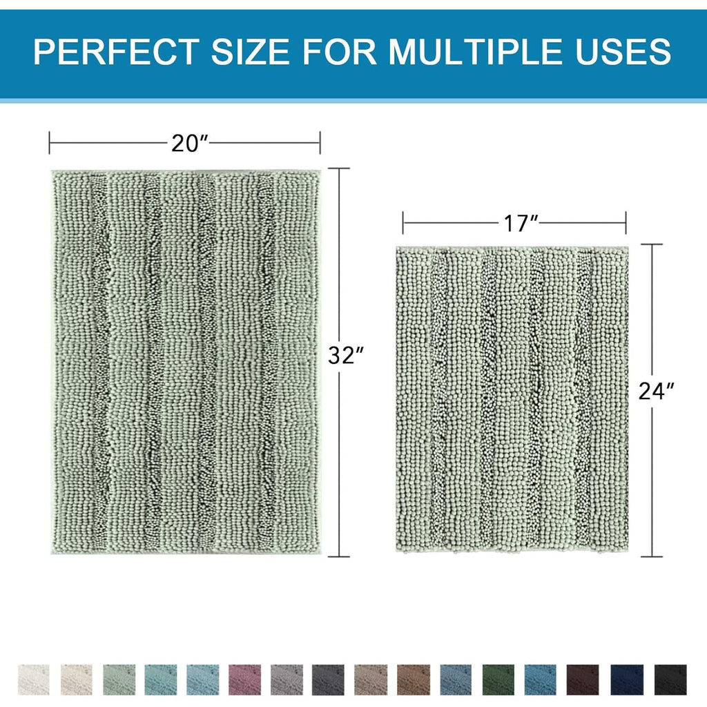 H.VERSAILTEX Sage Bathroom Rugs, Bath Mat Set of 2 Extra Thick Chenille Striped Pattern Shaggy Bath Rugs for Bath Room, Non Skid Bath Mats for Bathroom Floor (32 x 20 Plus 24 x 17 - Inches)
