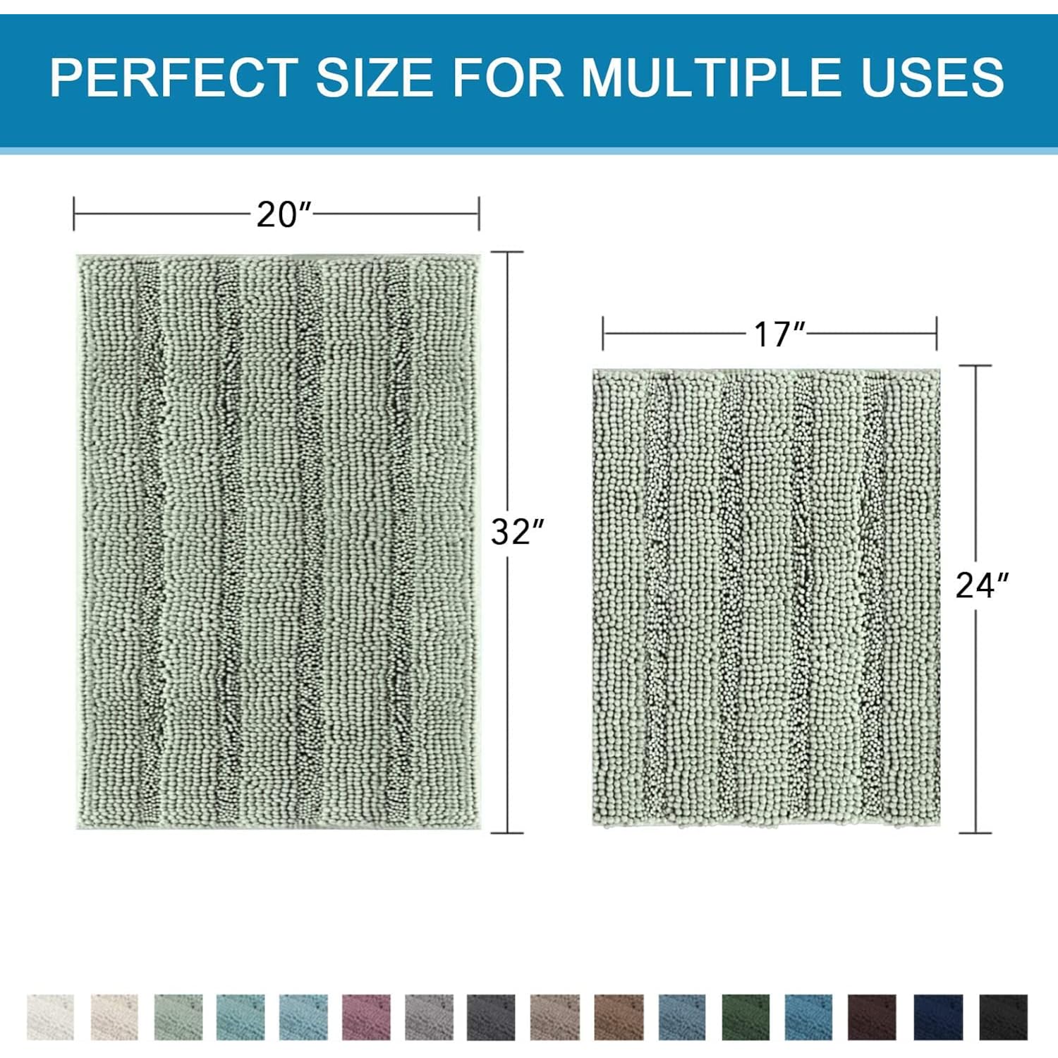 H.VERSAILTEX Sage Bathroom Rugs, Bath Mat Set of 2 Extra Thick Chenille Striped Pattern Shaggy Bath Rugs for Bath Room, Non Skid Bath Mats for Bathroom Floor (32 x 20 Plus 24 x 17 - Inches)