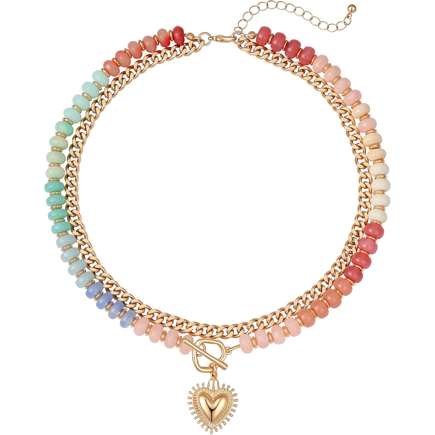 Layered Necklaces for Women, 14K Gold Plated Heart Pendant & Colorful Acrylic Beaded Choker, Cute Trendy Jewelry, Anti-Tangle Single Clasp Design, Summer Beach Boho Necklace for Women