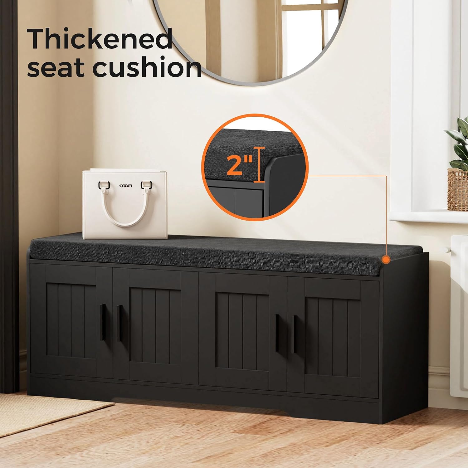 2-Tier Storage Bench, Shoe Bench With Thickened Padded Seat Cushion, Entryway Bench With 4 Doors, Adjustable Shelf, 13.8" D X 45.3" W X 18.5" H, For Entryway, Living Room, Bedroom, Black