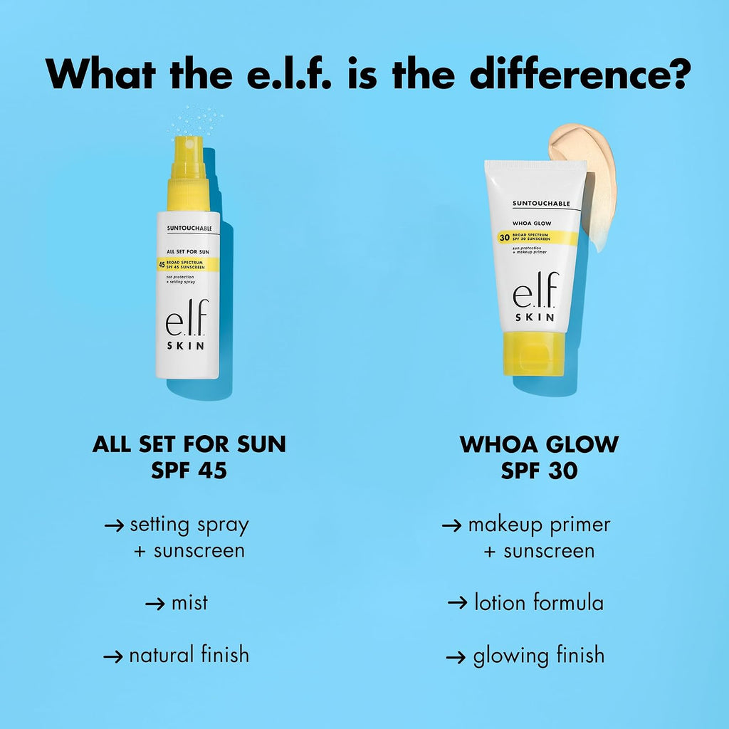 E.L.F. Skin All Set For Sun Spf 45 Setting Spray, Clear Makeup Setting Mist + Sunscreen, Weightless Spf Face Protection & Makeup-Locking Spray, Vegan & Cruelty-Free