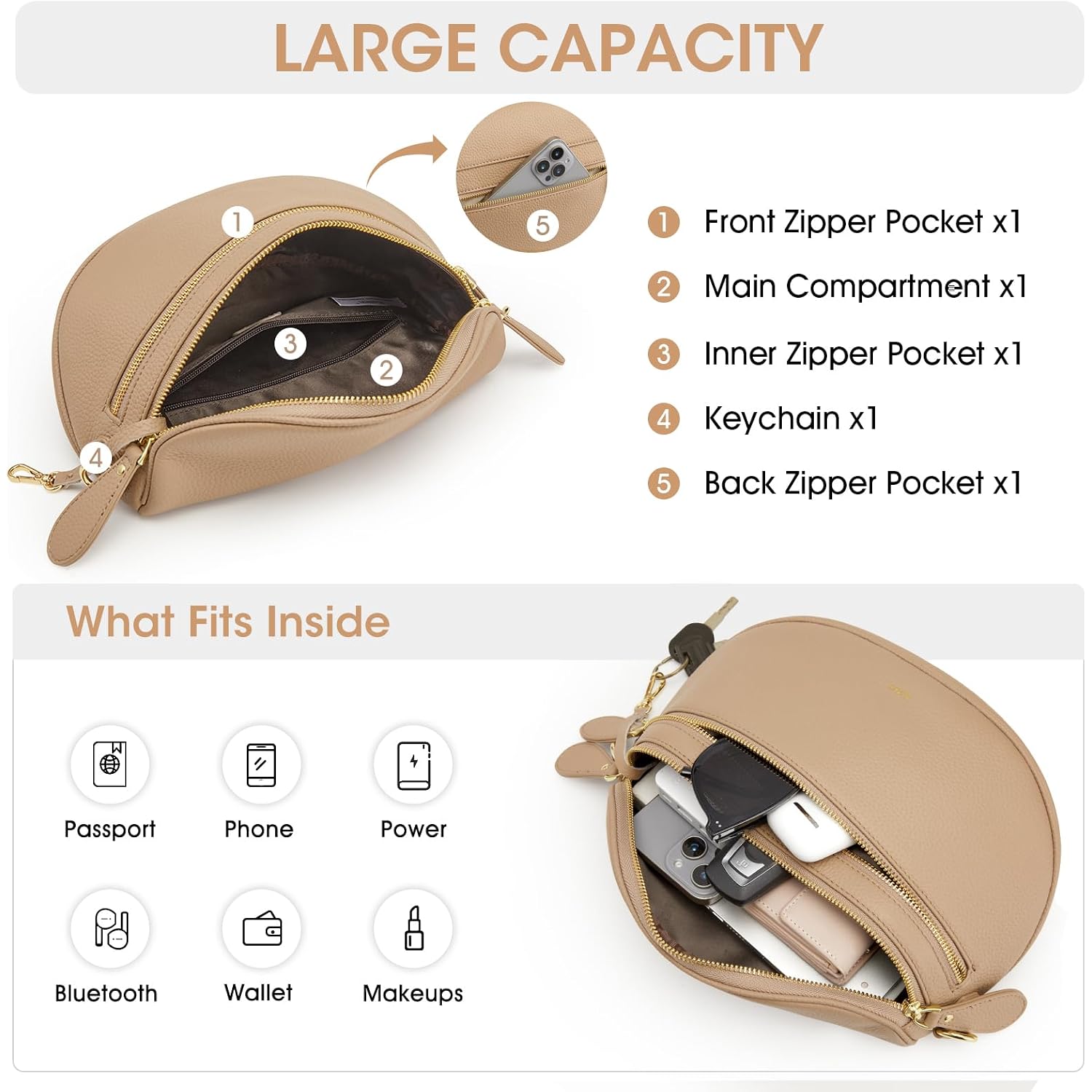 Kattee Crossbody Bag Bum Bags For Women, Leather Fanny Packs Belt Bag, Spacious Sling Purses For Women With Rfid Blocking, Tan