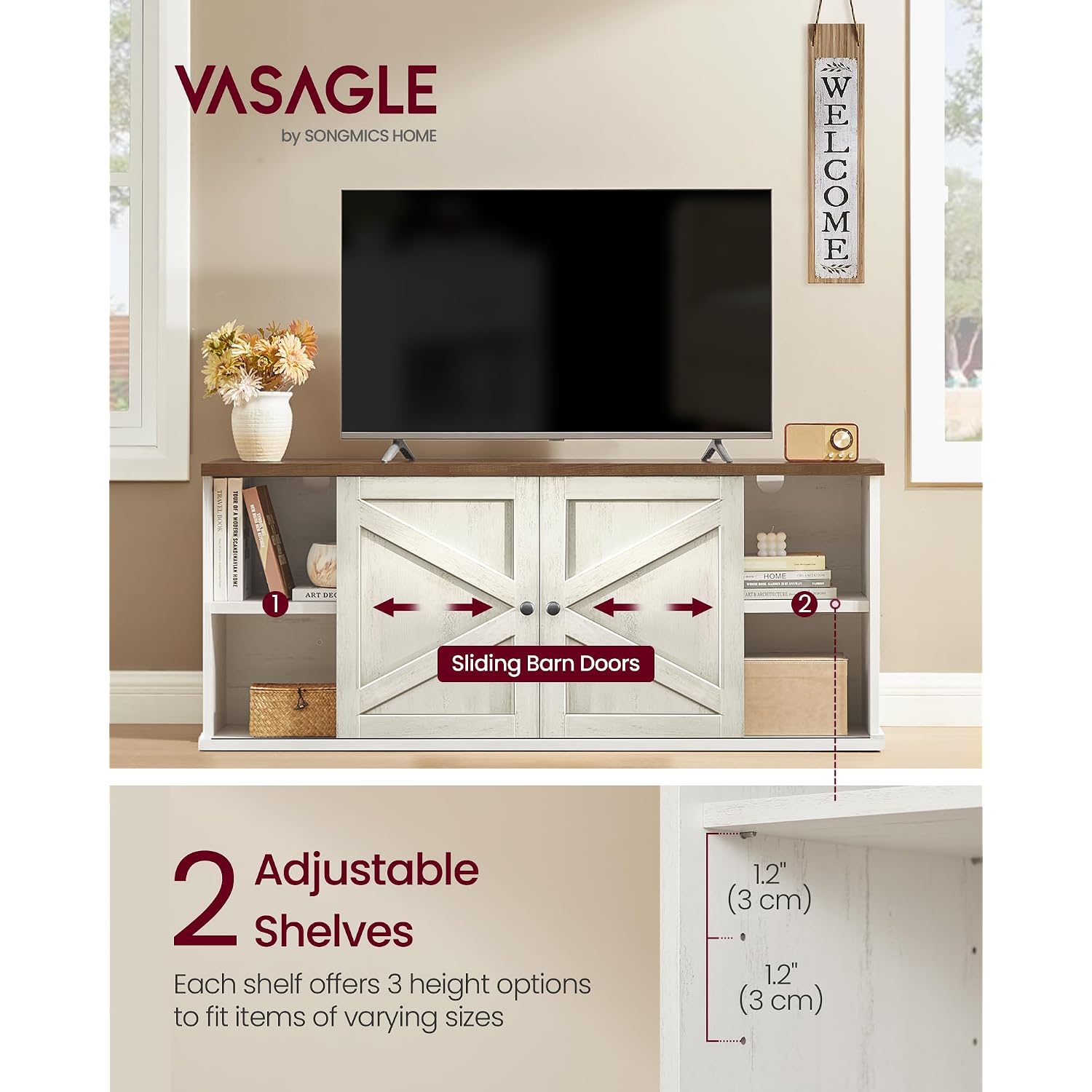 Vasagle Farmhouse Tv Stand For Tvs Up To 65 Inches, Entertainment Center With Storage Cabinets And Sliding Barn Doors, Media Console Table For Living Room, Rustic White And Honey Brown Ultv535W01