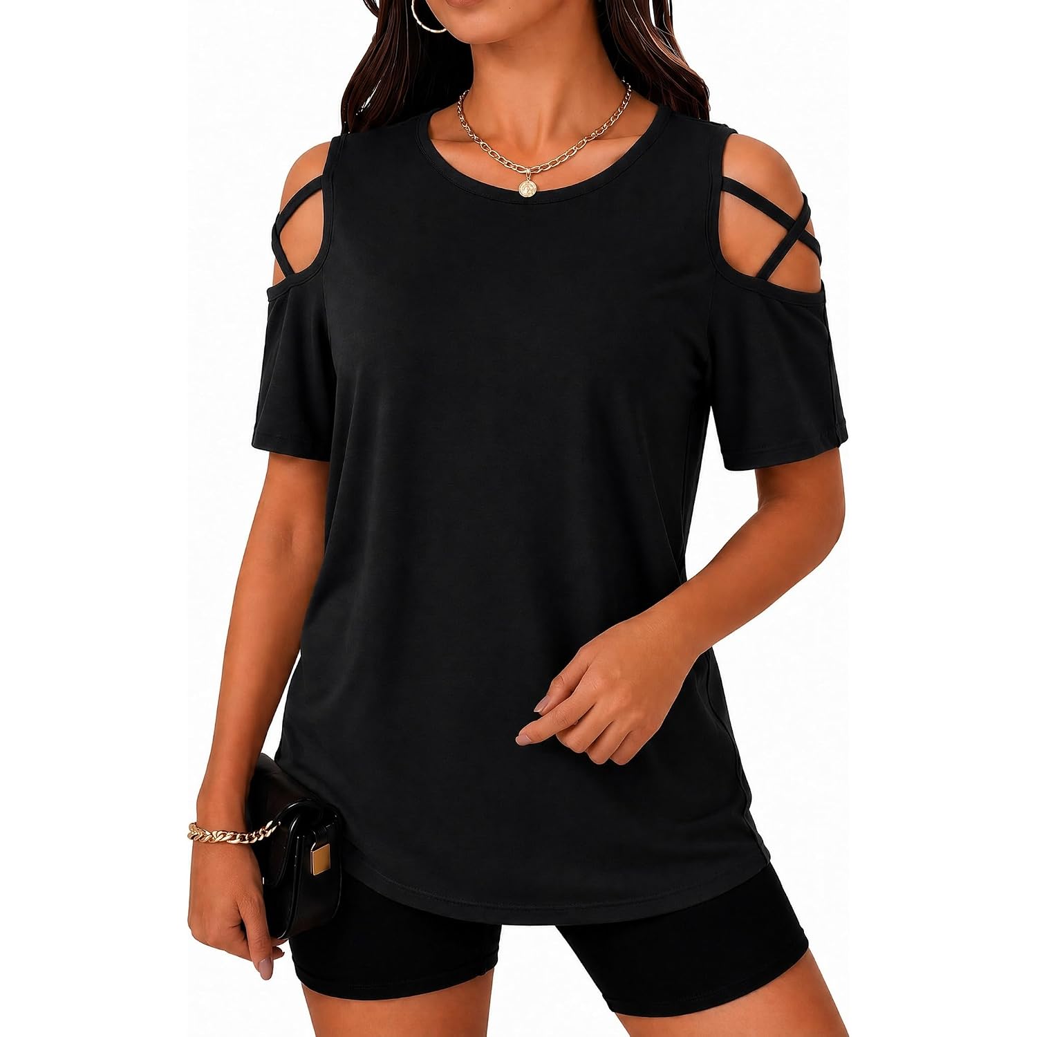 Women's Summer Tops Short Sleeve Cold Shoulder Tops T-Shirts for Women Spring Summer Tops Loose Fit Tunic 2026