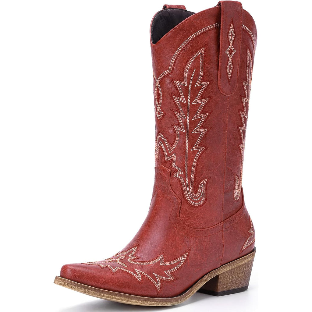 Cowboy Boots For Women - Cowgirl Boots With Embroidery, Chunky Heel Pointed Toe Pull-On Vintage Western Mid Calf Fashion Boots For Ladies