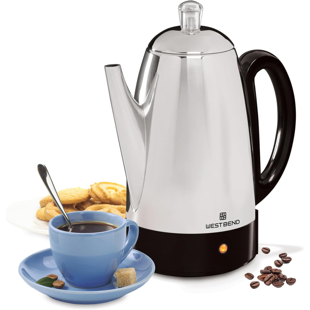 West Bend Electric Percolator Classic Style Coffee Maker with Heat Resistant Handle Base and Detachable Cord with Stainless Steel Stem and Basket, 12-Cup, Silver