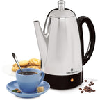 West Bend Electric Percolator Classic Style Coffee Maker with Heat Resistant Handle Base and Detachable Cord with Stainless Steel Stem and Basket, 12-Cup, Silver