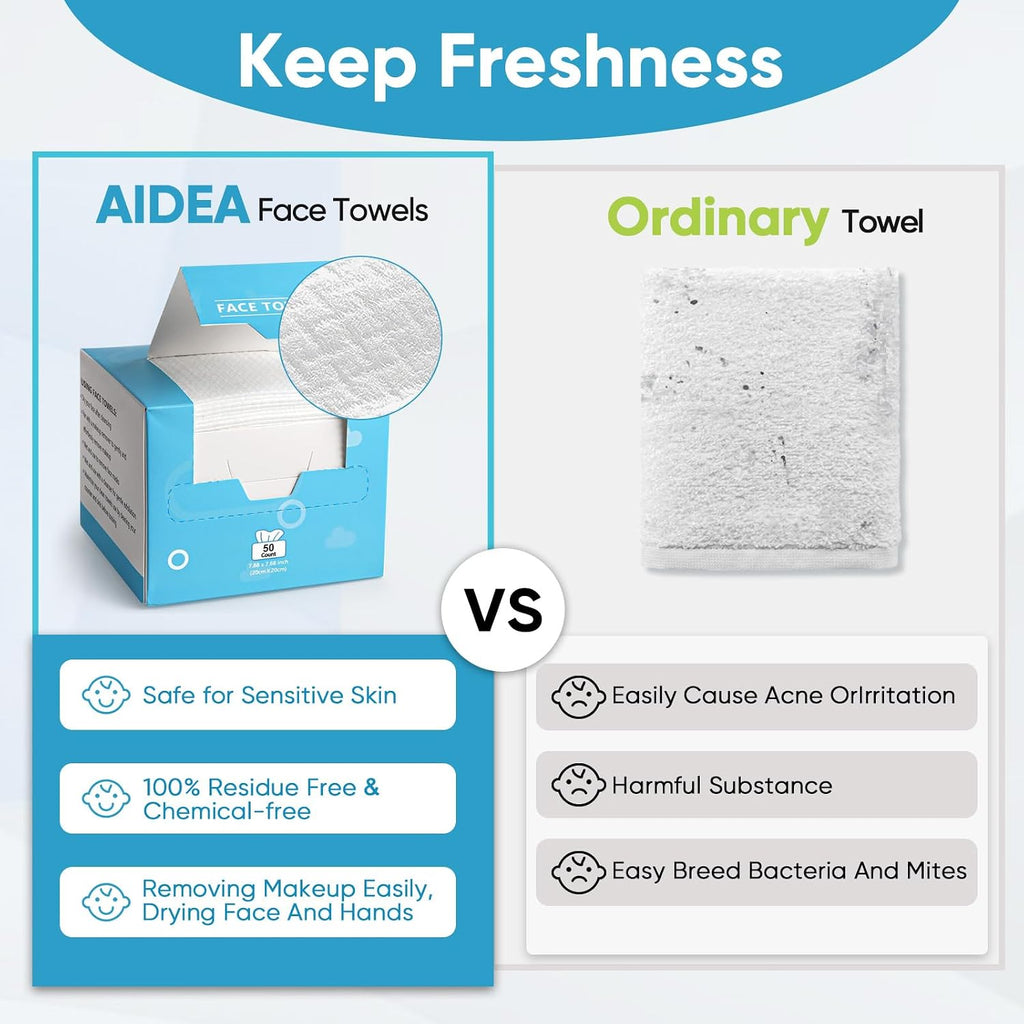 Aidea Face Towels Disposable-100Ct (2 Box), Clean Facial Towelettes For Sensitive Skin, Cleansing Wipes For Makeup Removing, Nursing, Travel, Dry Wipes Face Cloths