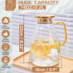 Glass Pitcher, 2.2 Liter Water Pitcher With Lid,Iced Tea Pitcher for Fridge,Carafe With Lid, Glass Water Jug For Juice, Milk, Cold Or Hot Beverages, 2 Quart