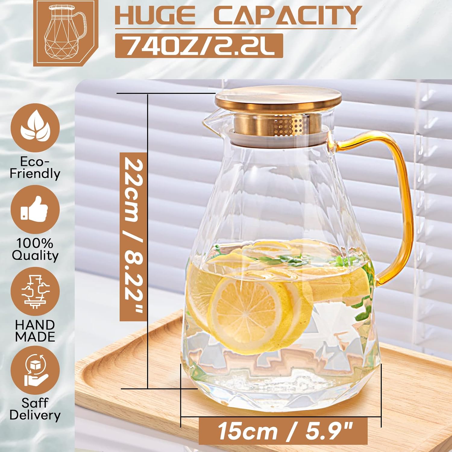 Glass Pitcher, 2.2 Liter Water Pitcher With Lid,Iced Tea Pitcher for Fridge,Carafe With Lid, Glass Water Jug For Juice, Milk, Cold Or Hot Beverages, 2 Quart