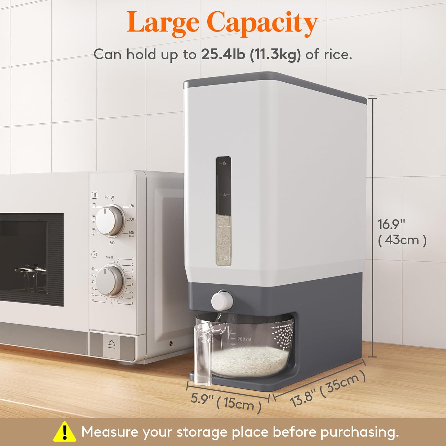 Lifewit Rice Dispenser 25 Lbs(11.3kg), Rice Storage Container Sealed Moisture Proof with Measuring Cup for Kitchen Pantry Household, BPA-Free, 1 Pack Grey
