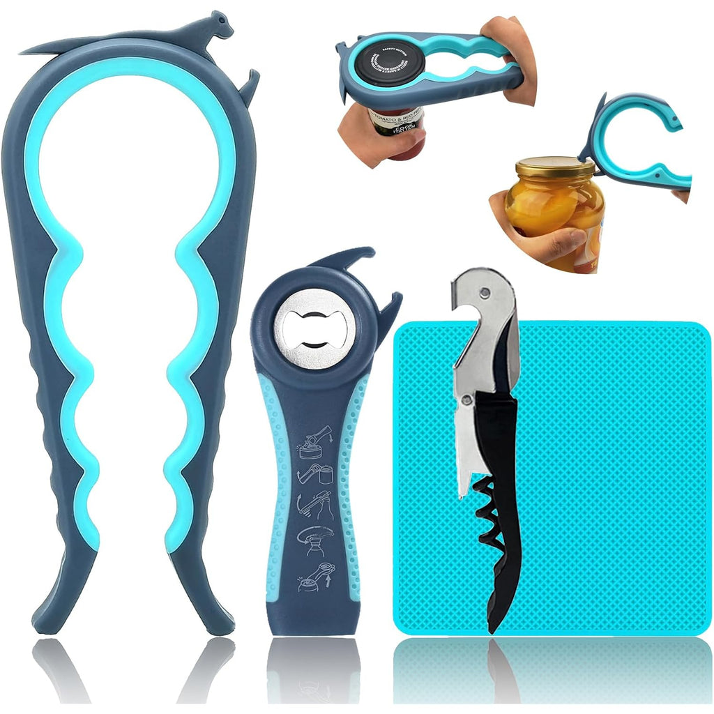 Otstar 6 In 1 Jar And Bottle Opener For Weak Hands, Seniors With Arthritis | Multi-Use Lid Opener Set, Includes Non-Slip Rubber Gripper Pad & Wine Opener, Comfortable Grip, Simple Twist-Off Operation
