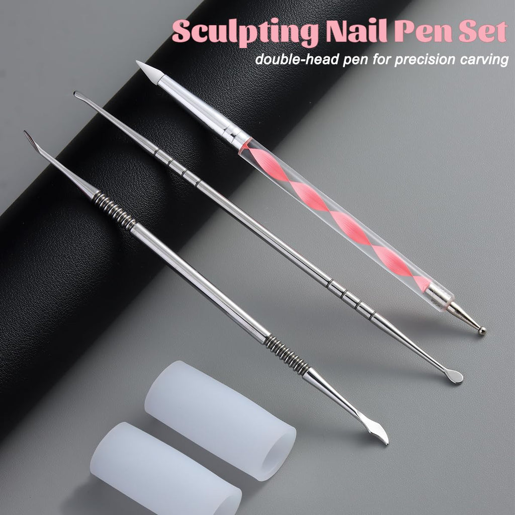 Fcozpjk Nail Art Sculpture Pen, 3PCS Double-head Stainless Steel 3D Gel Art Sculpting Pens Dotting Tools Acrylic Powder Flower Design Carving Modeling for Builder Gel Chrome Powder Applicator Manicure