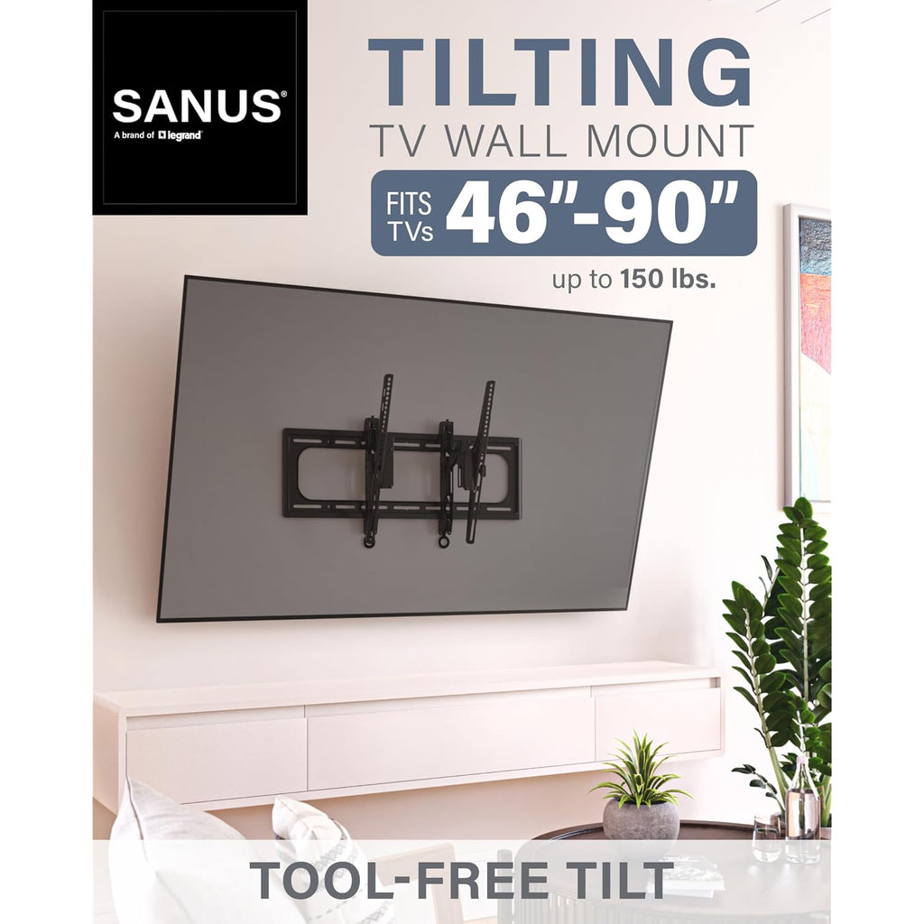 Sanus Tilting Tv Wall Mount For 46" - 90” Tvs Or 150Lbs - Premium Tilt Mount W/Universal Fit - Smooth 5.7" Extension Allows For Cable Management - Includes Hardware & Drill Template For Easy Install