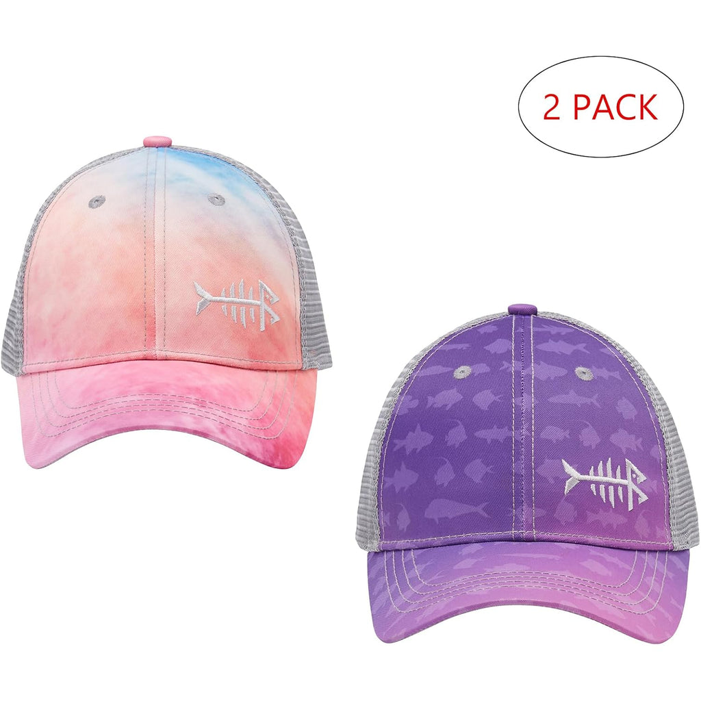 BASSDASH 2 Pack Altimate Fishing Hunting Hat Mesh Back for Men Women Adjustable Baseball Trucker Cap Camo Blaze Orange Rosy Clouds, Gradient Purple