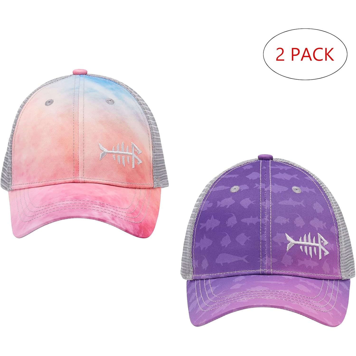 BASSDASH 2 Pack Altimate Fishing Hunting Hat Mesh Back for Men Women Adjustable Baseball Trucker Cap Camo Blaze Orange Rosy Clouds, Gradient Purple
