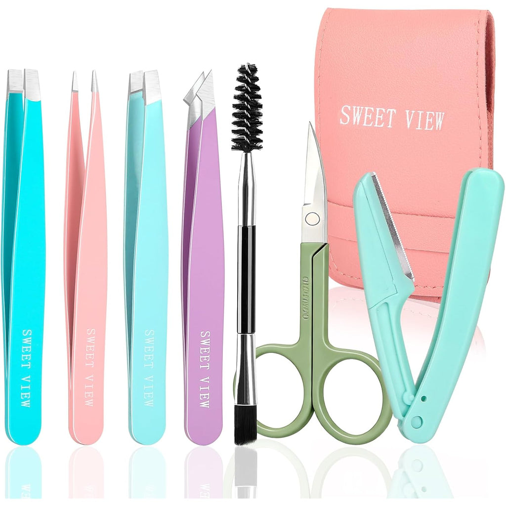 SWEET VIEW 7pcs Eyebrow Tweezers Kit for Women Precision Plucker with Brow Scissors & Razor & Spoolie for Facial, Chin, Brow, Splinter and Ingrown Hair