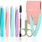 SWEET VIEW 7pcs Eyebrow Tweezers Kit for Women Precision Plucker with Brow Scissors & Razor & Spoolie for Facial, Chin, Brow, Splinter and Ingrown Hair