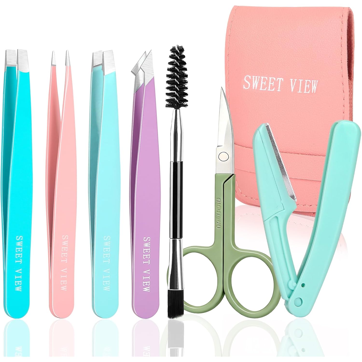 SWEET VIEW 7pcs Eyebrow Tweezers Kit for Women Precision Plucker with Brow Scissors & Razor & Spoolie for Facial, Chin, Brow, Splinter and Ingrown Hair