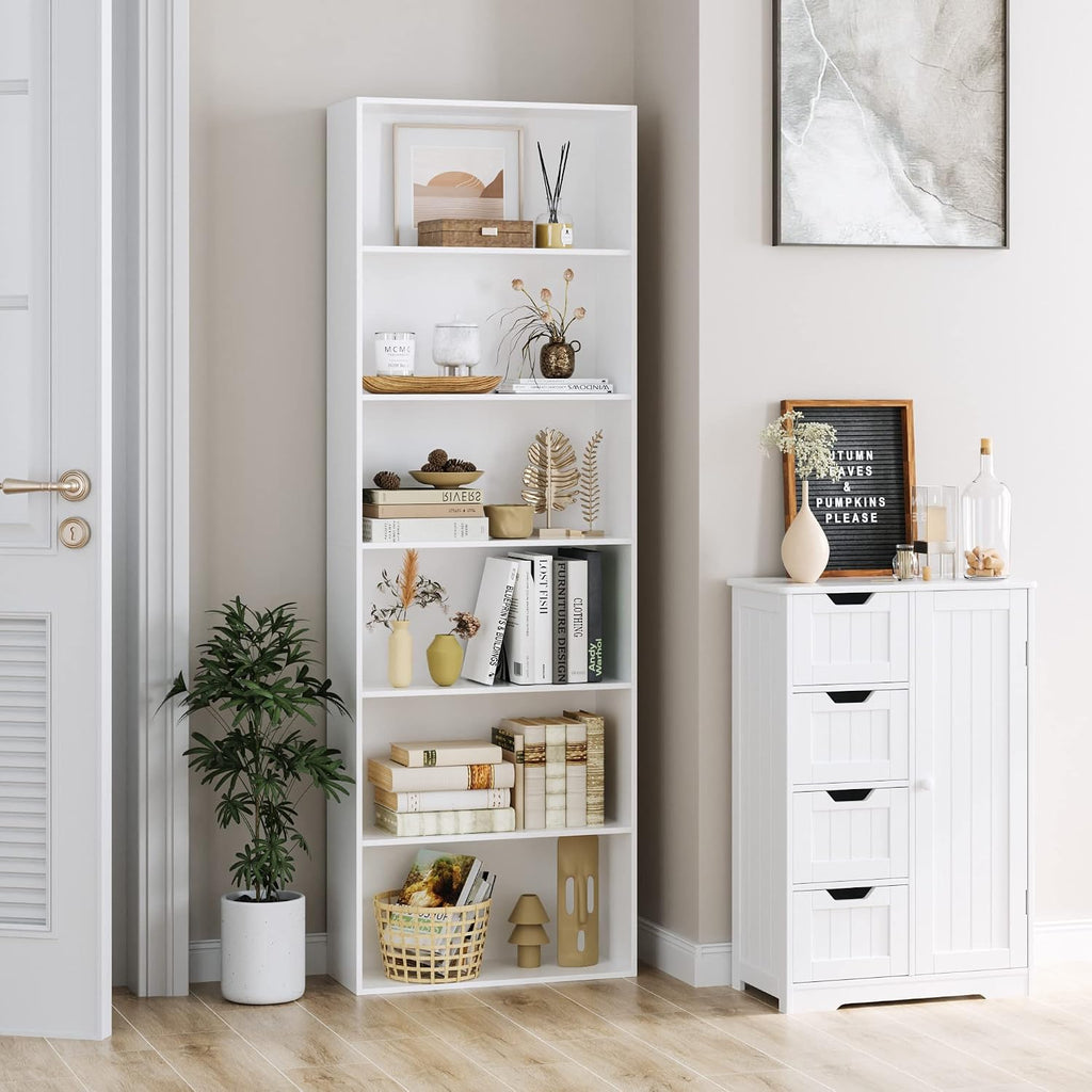 Fotosok 6-Tier Open Bookcase And Bookshelf, Freestanding Display Storage Shelves Tall Bookcase For Bedroom, Living Room And Office, White