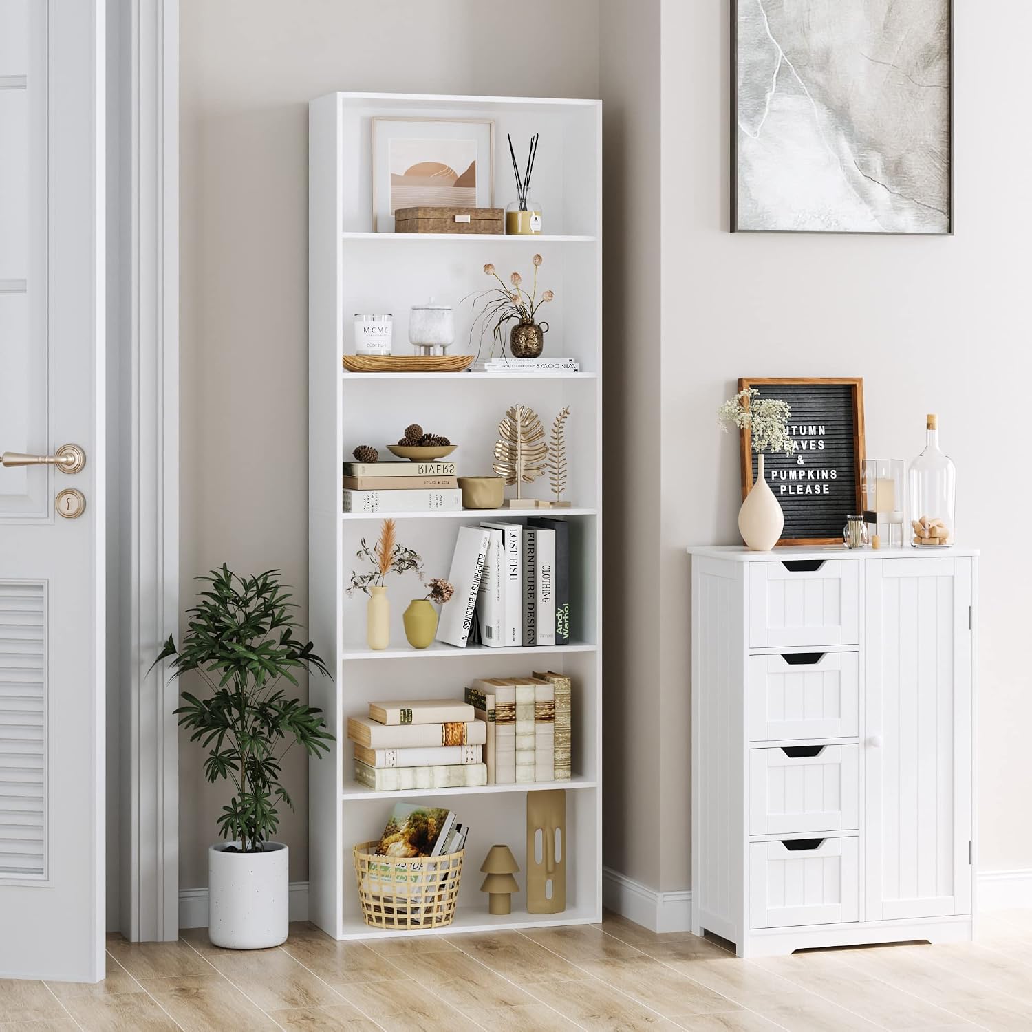 Fotosok 6-Tier Open Bookcase And Bookshelf, Freestanding Display Storage Shelves Tall Bookcase For Bedroom, Living Room And Office, White