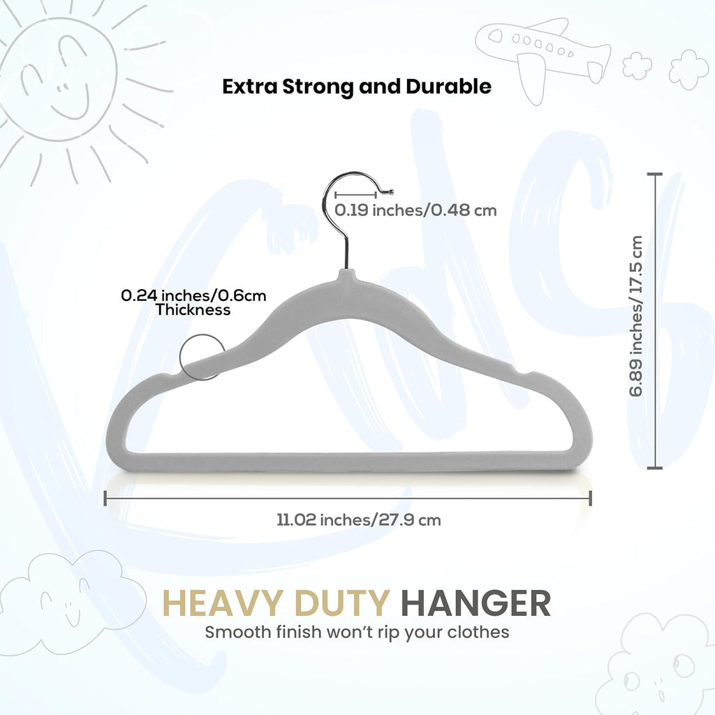 Utopia Home Kids Velvet Hanger 50 Pack – 11" Premium Baby Hangers - Grey | Premium Non-Slip Baby Hangers For Baby And Toddlers, Durable Ultra-Slim Space-Saving Closet Organizers