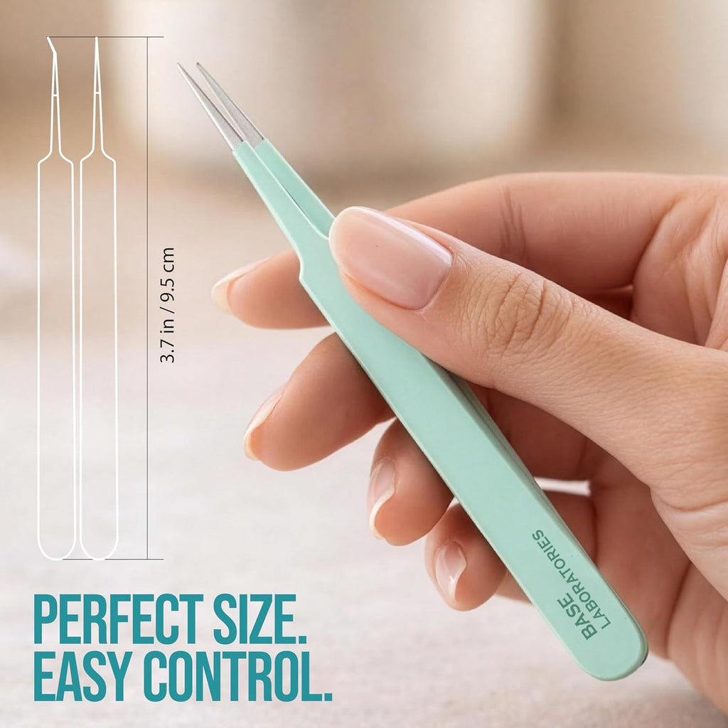 Base Labs Ingrown Hair Tweezers Set – 2 Pack Precision Tweezers for Ingrown Hair Removal, Curved & Pointed Tip Stainless Steel Tweezers with Protective Case for Razor Bumps, Splinters & Facial Hair