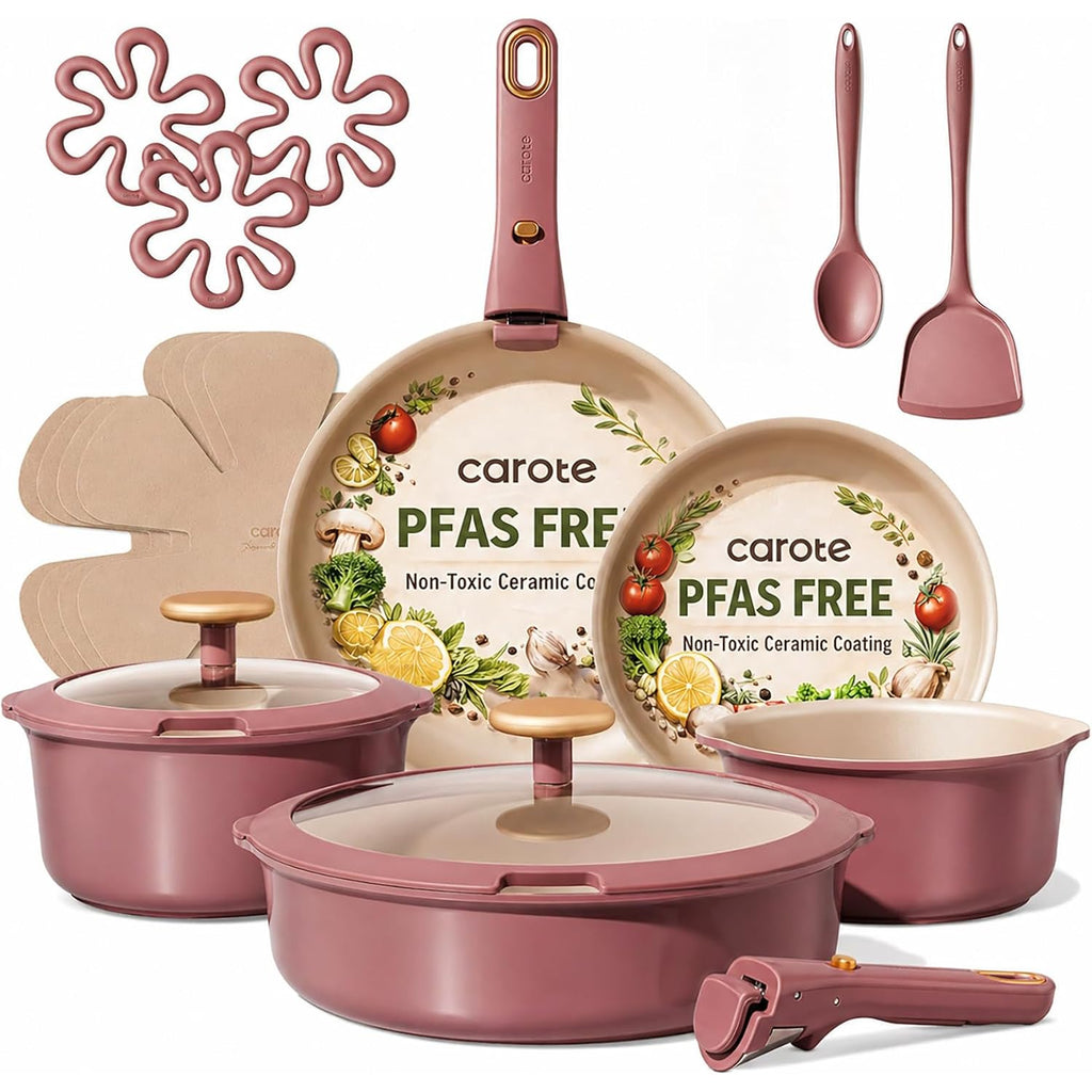 CAROTE 19 Pcs Pots and Pans Set, Nonstick Cookware Sets with Detachable Handle, Titanium Reinforced, Oven Safe, Cookware Non Stick Cooking Set w/Frying Pans & Saucepans Red(PFOS, PFOA Free)