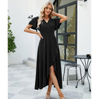 Long Black Formal Dresses For Women Gowns Evening Party Cocktail Dress,Split Elegant V Neck Wrap Ruffle Wedding Guest Dresses