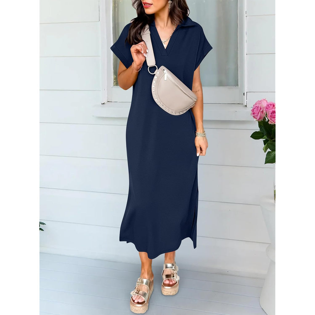 Anrabess Womens Summer Casual Polo V Neck Dresses | Short Sleeve Split Tshirt Maxi Dress With Pockets, Soft Wrinkle-Free Loose Fit, Beach Vacation Travel Outfit, Summer Clothes