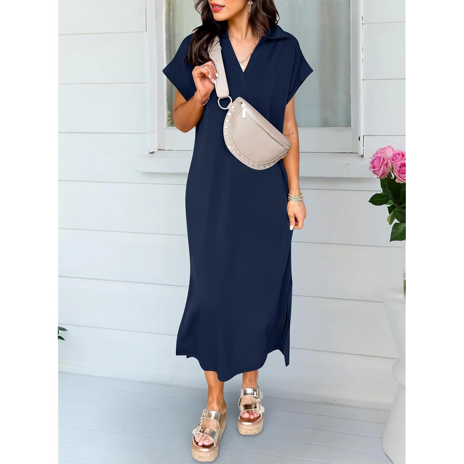 Anrabess Womens Summer Casual Polo V Neck Dresses | Short Sleeve Split Tshirt Maxi Dress With Pockets, Soft Wrinkle-Free Loose Fit, Beach Vacation Travel Outfit, Summer Clothes