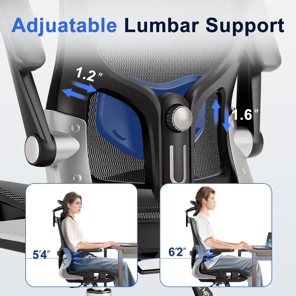 Marrap Ergonomic Office Chair, Mesh Desk Chair With 3D Armrests, Adjustable Lumbar Support And Headrest, 90-120° Rocking Function, Black