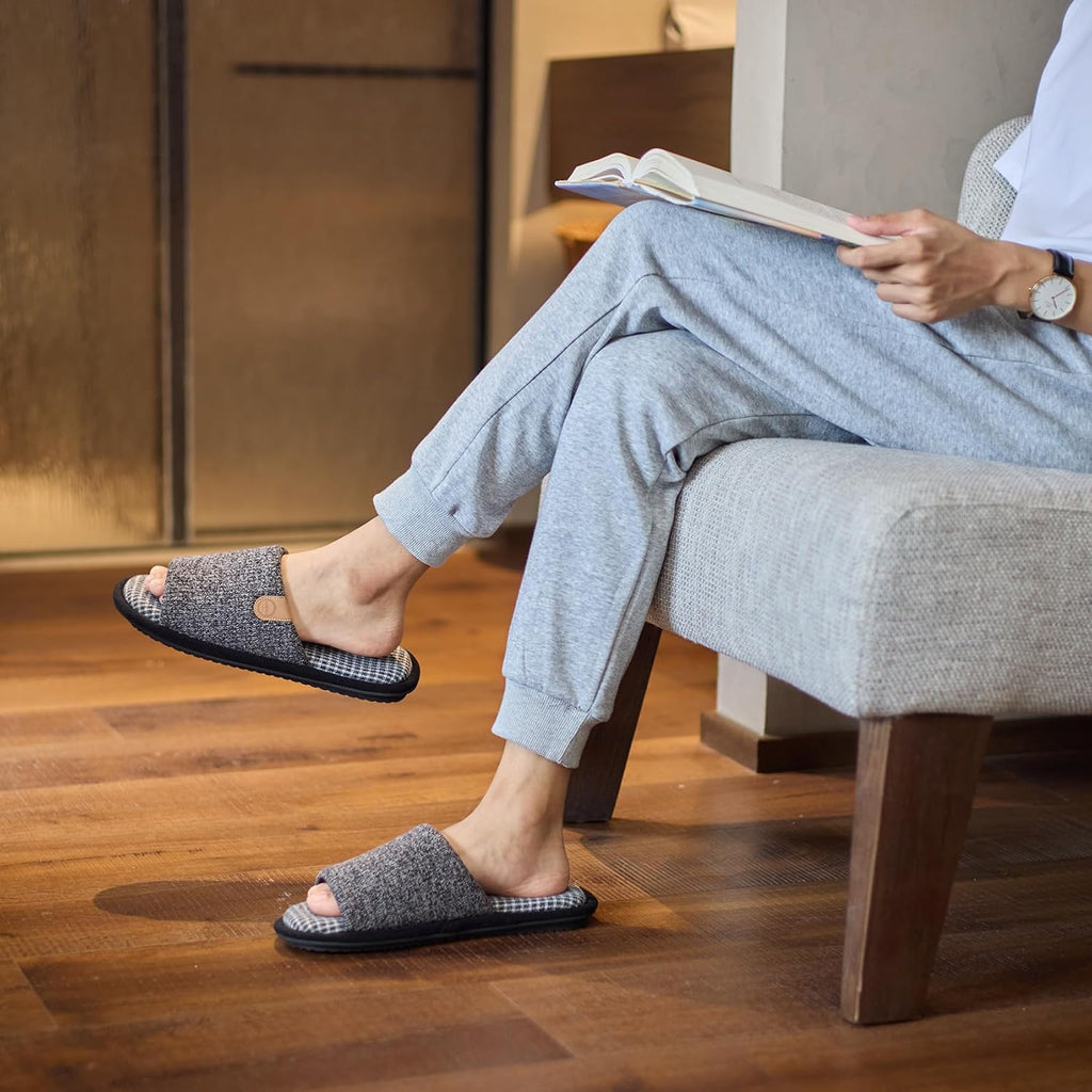 Mens Cozy Memory Foam Slippers Indoor Outdoor Gifts For Men Slip On House Shoes Anti-Skid Soft Open Toe Slippers