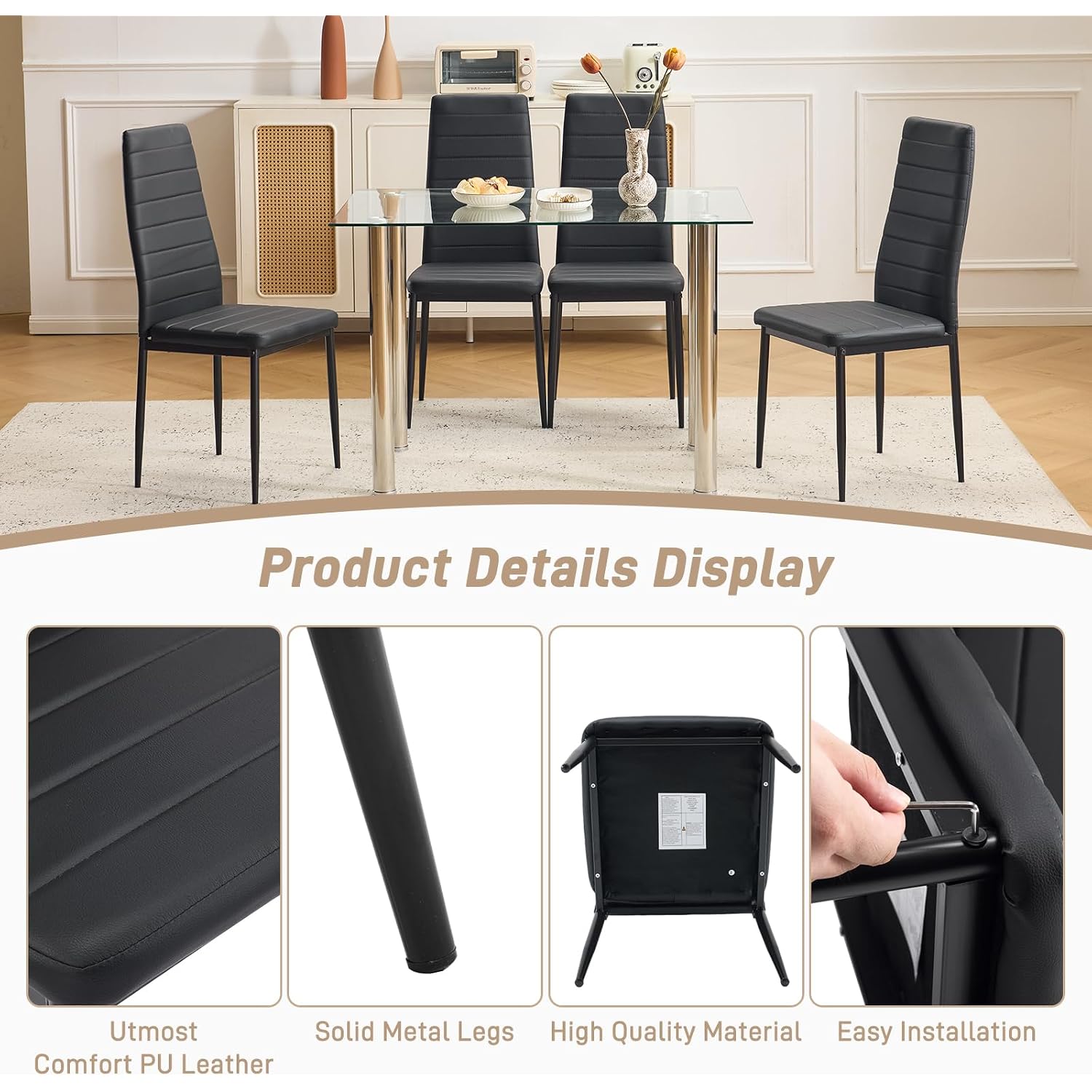 Karl Home Dining Chairs Set Of 4, Pu Leather & High Back, Black