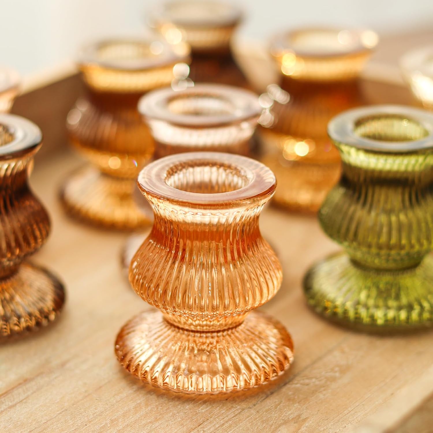 WDHODEC Glass Candlestick Holders 12PCS Taper Candle Holders for Table Centerpiece Vintage Colorful Candle Sticks for Wedding, Party and Birthday Table Decoration(Brown)