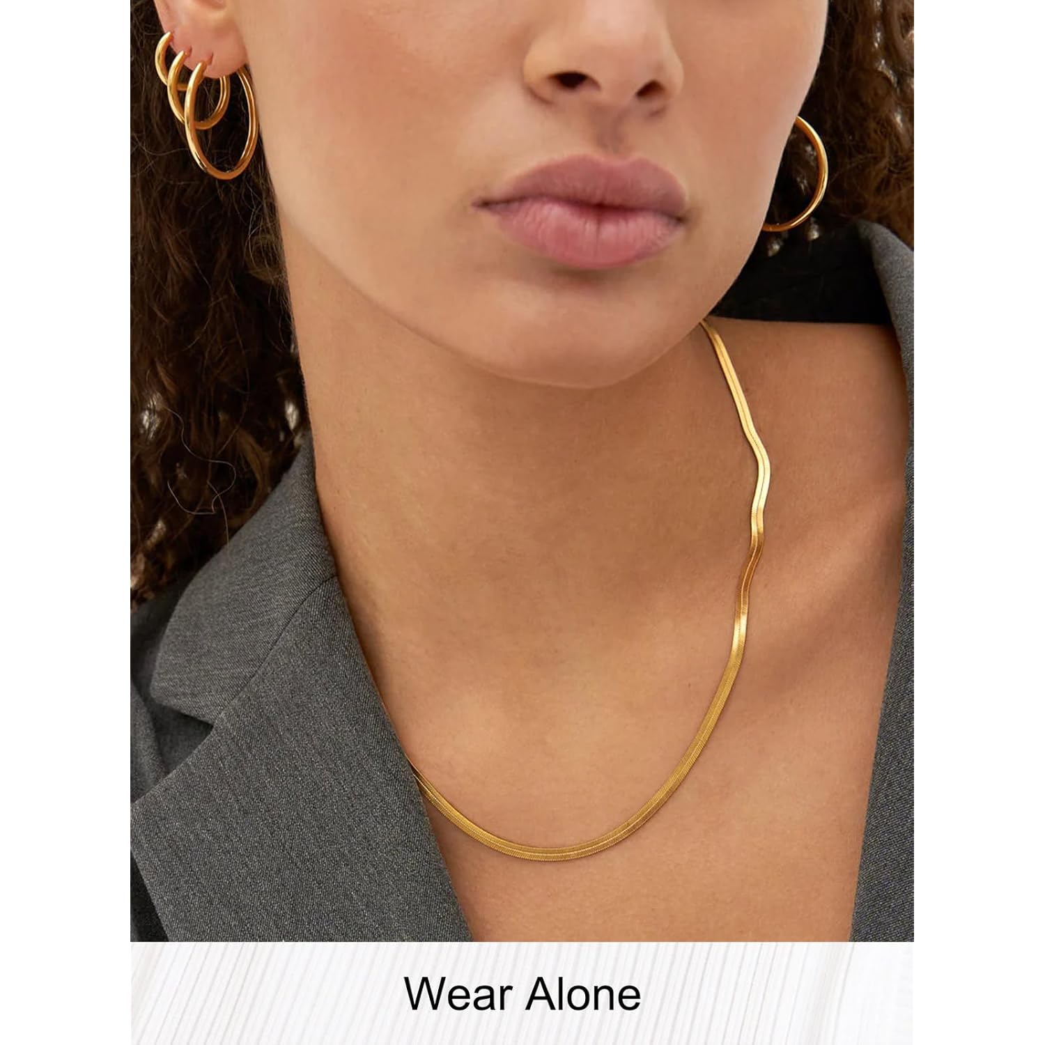 FOCALOOK 14K Gold Plated Necklaces for Women, Fashion Herringbone Choker Necklace Stainless Steel Flat Snake Chain 3/5MM(W) 12.5"/15"/18"+3.5"(L)