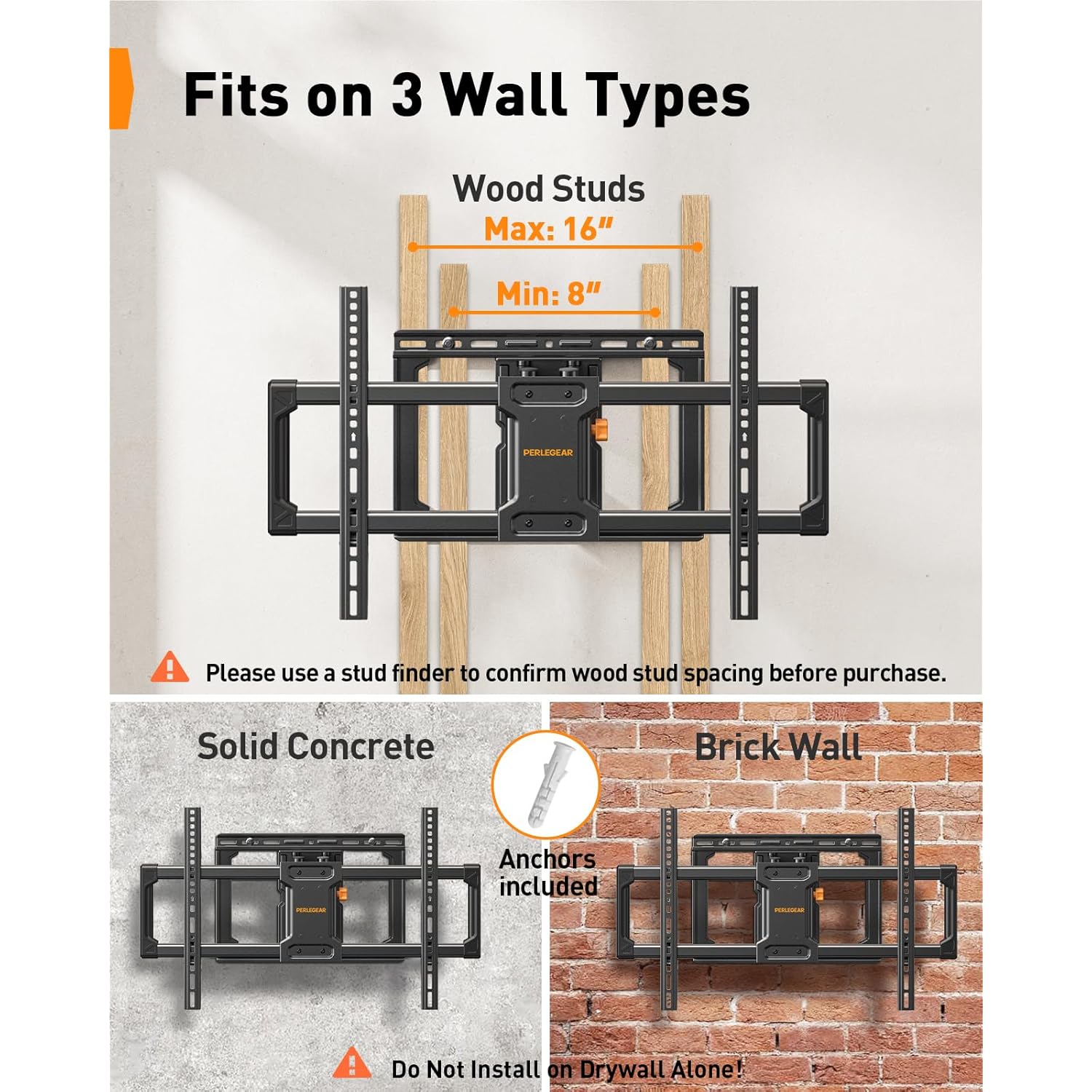 Perlegear UL Listed Full Motion TV Wall Mount for 42-90" TVs up to 132lbs, Heavy Duty TV Mount with Dual Articulating Arms, Tool-Free Smooth Tilt, Swivel, Fits 16" Studs, Max VESA 600x400mm, PGLF8