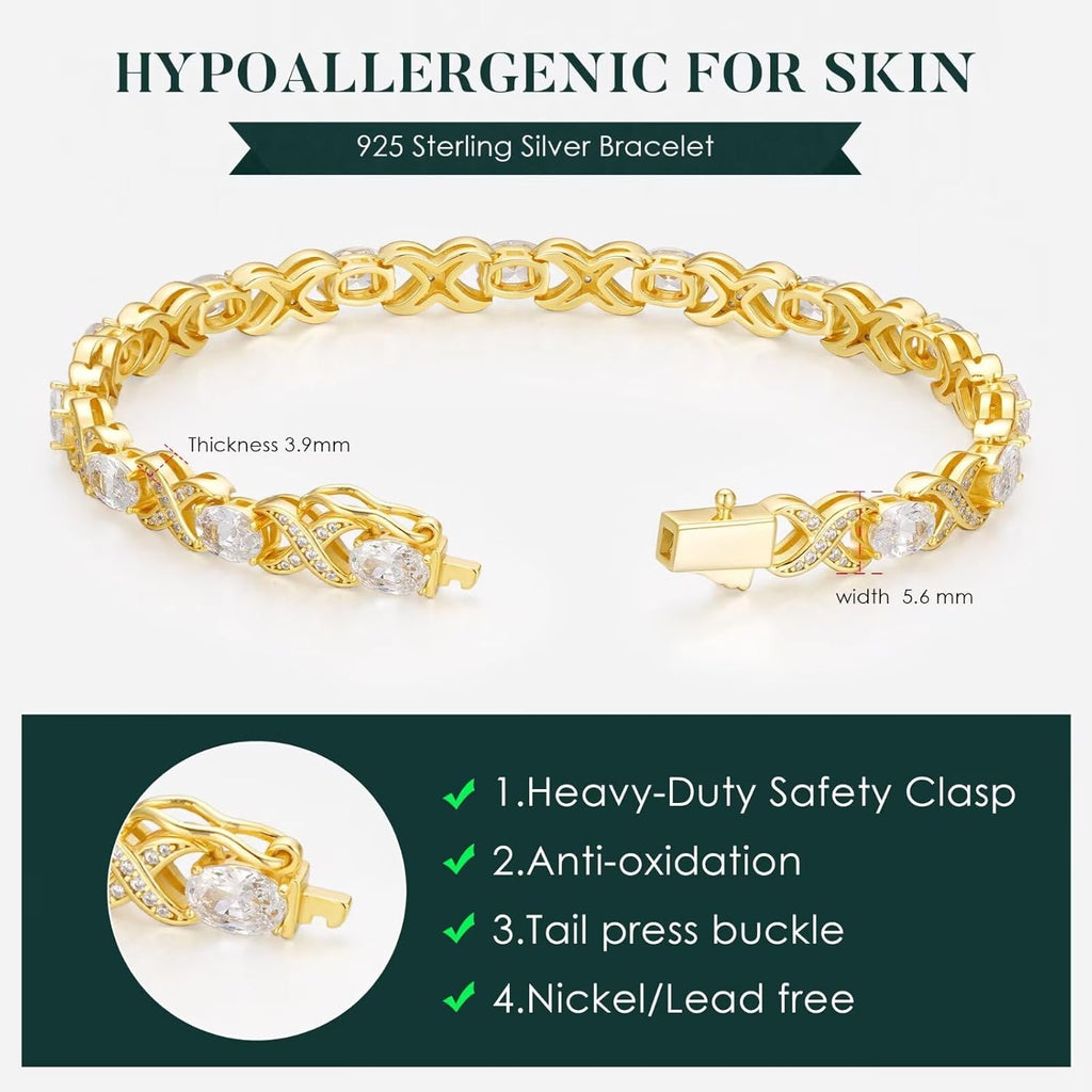 Iefil Mothers Day Gifts - 14K Gold Plated 925 Sterling Silver Tennis Bracelets for Women Unique X O Design Birthday Mothers Day Gifts for Wife Mom Daughter