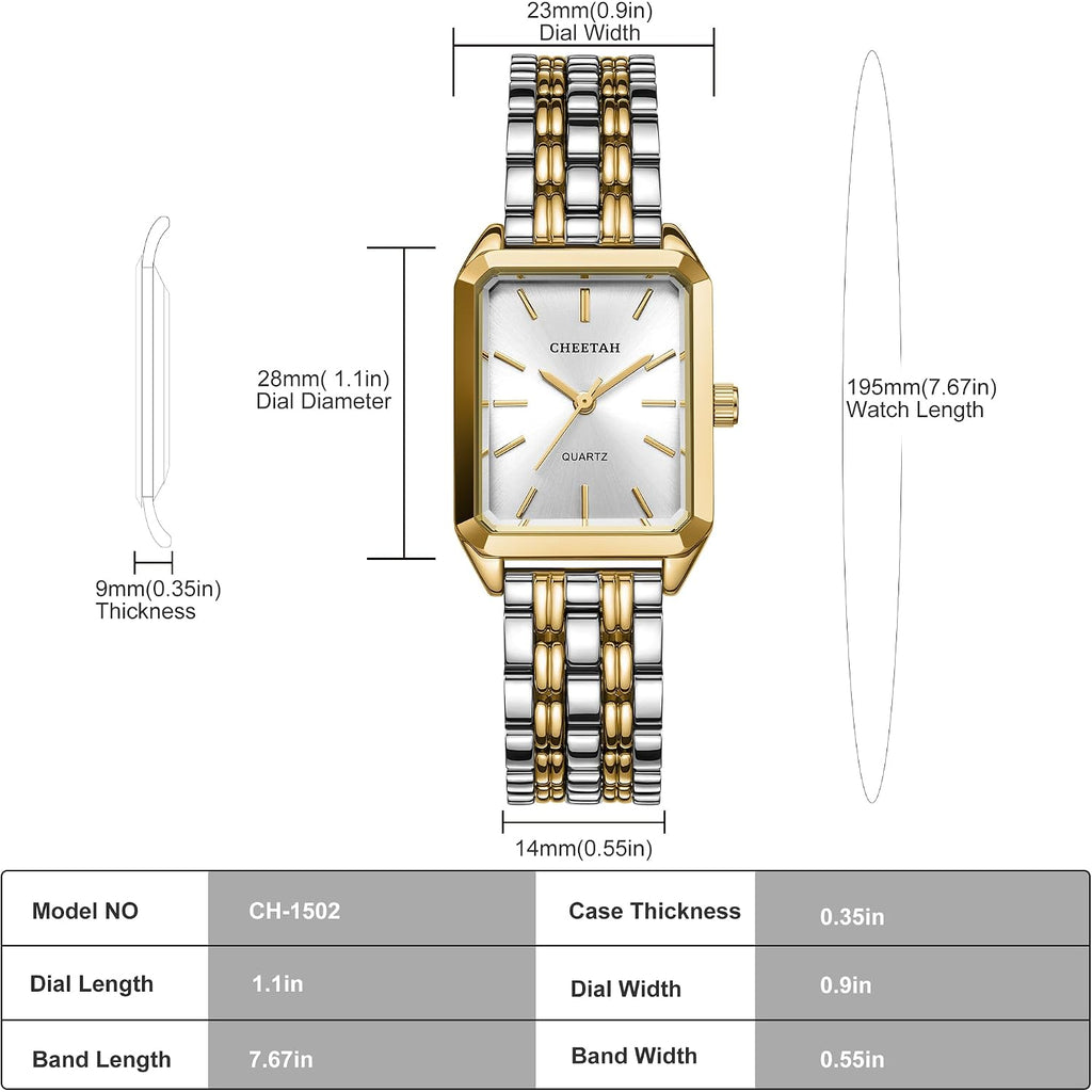 Cheetah Women'S Gold-Tone Dainty Watch, Retro Style Rectangular Case And Stainless Steel Band, Gift For Her