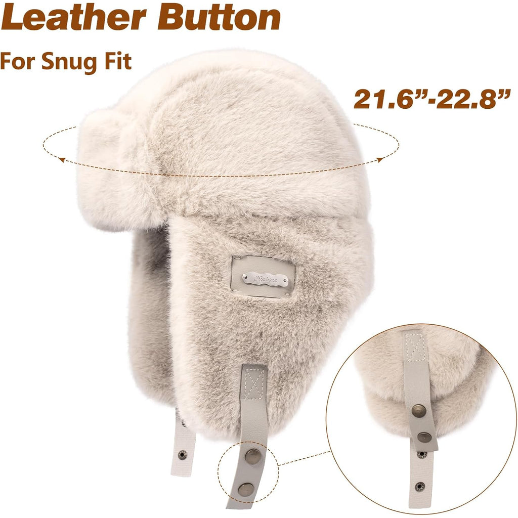 Piecees Fur Trapper Hat for Women Men Winter Hats with Ear Flaps Fuzzy Russian Ushanka Fluffy Snow Hat for Cold Weather Warm