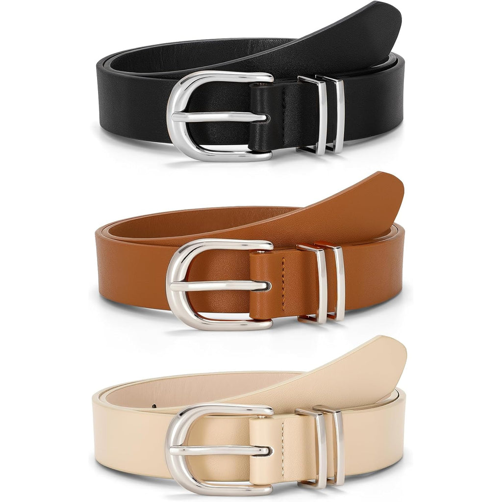 JASGOOD 3 Pack Women Leather Belts For Jeans Dresses Pants Ladies Faux Leather Waist Belt with Gold Buckle