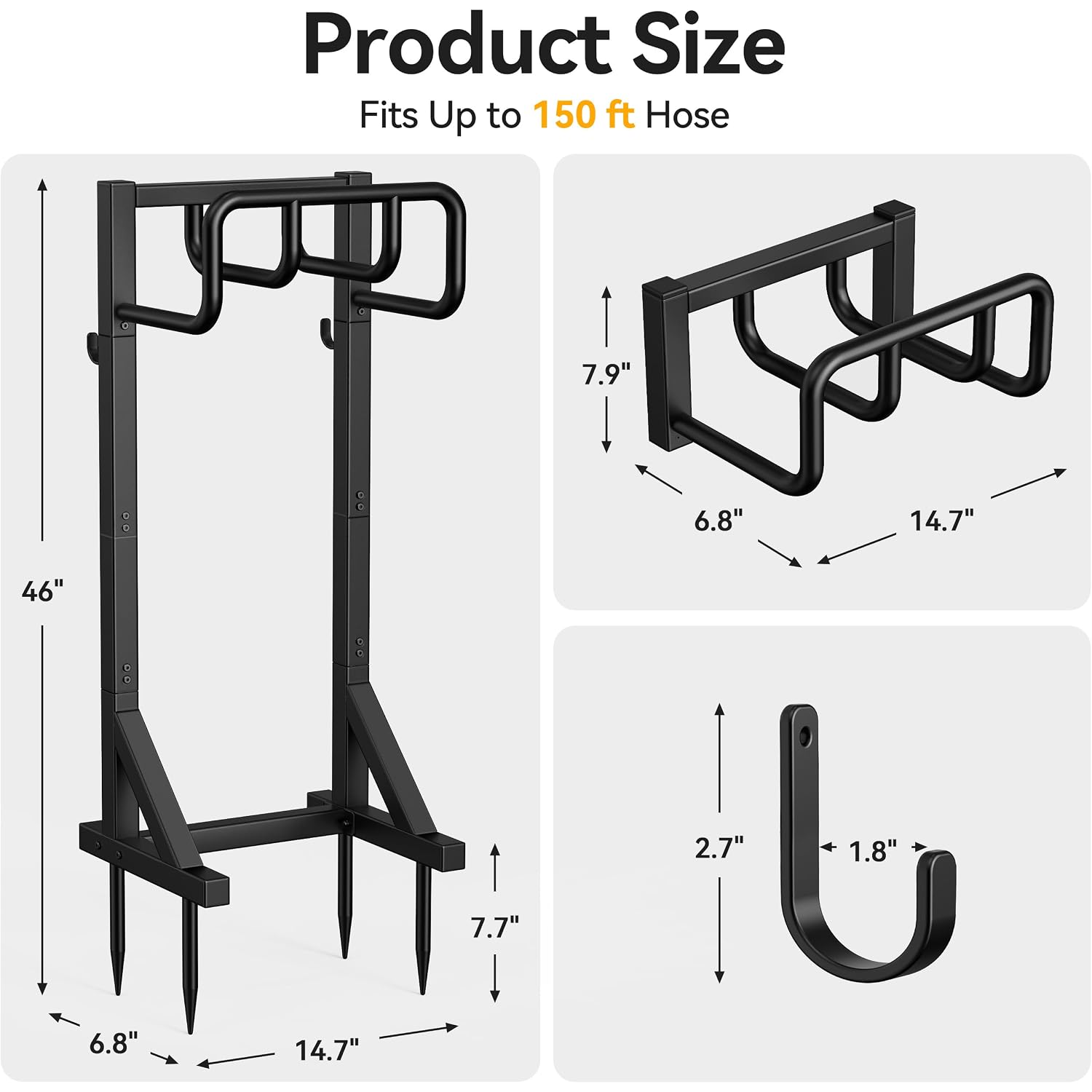 Garden Hose Holder Stand, Freestanding Heavy Duty Metal Hose Holder With Stable Base And Tool Hooks, Rustproof Water Hose Storage Rack For Outside Yard Lawn