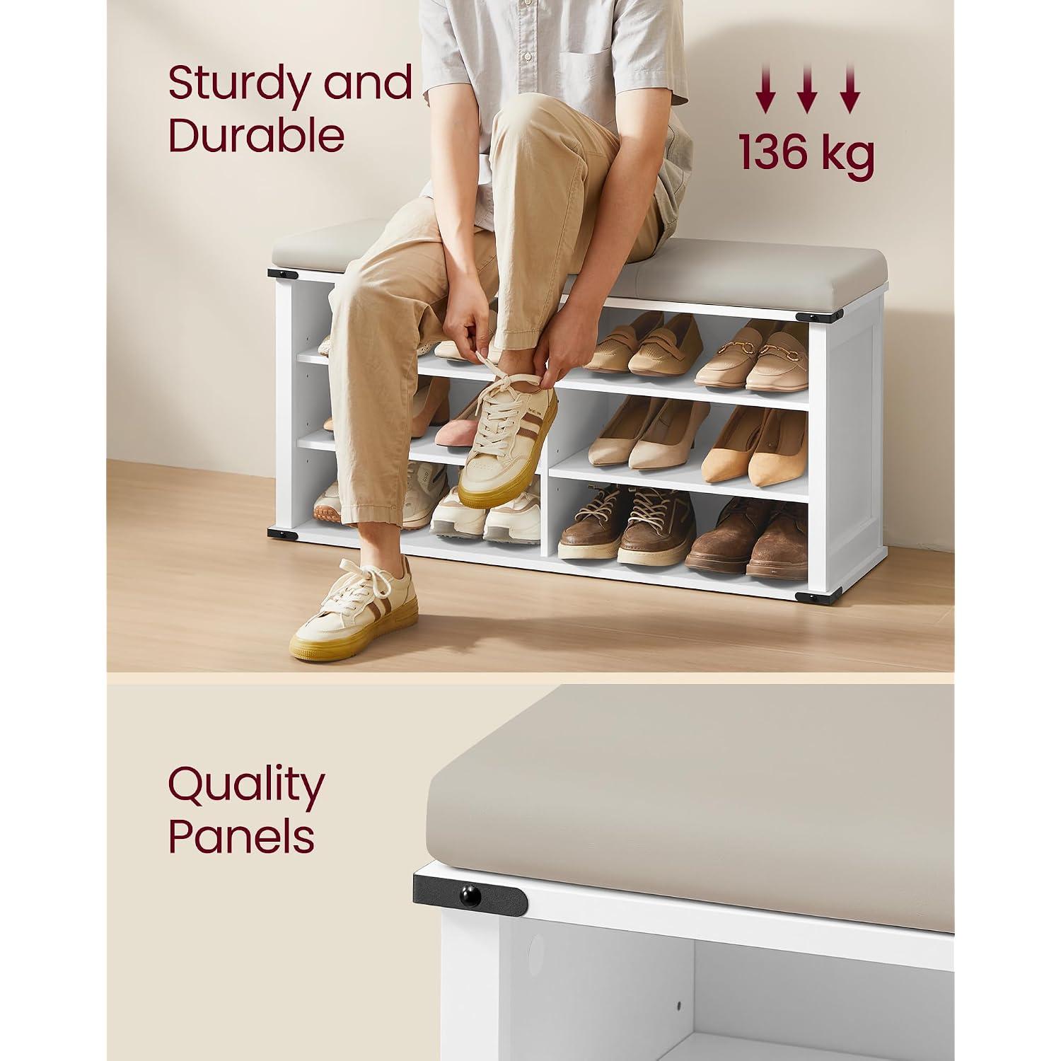 Vasagle Liry Collection - Shoe Storage Bench With Removable Cushion, Shoe Rack With Padded Seat, Entryway Bench With 6 Open Compartmens, Adjustable Shelves, Cloud White Ulsb105W01