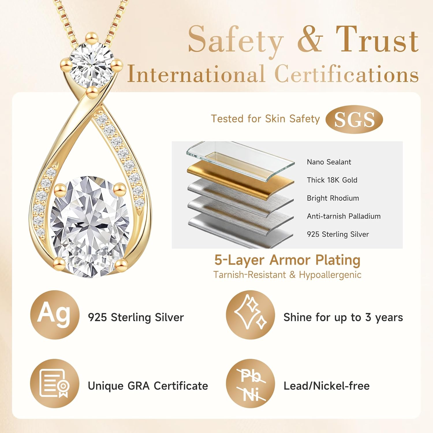 Necklace Gift for Anniversary Birthday: 2ct Oval Infinity Pendant 14k Gold necklace for women - Anniversary Birthday Valentine Love for Wife, Girlfriend – Hypoallergenic Daily Wear Jewelry with Gift Box