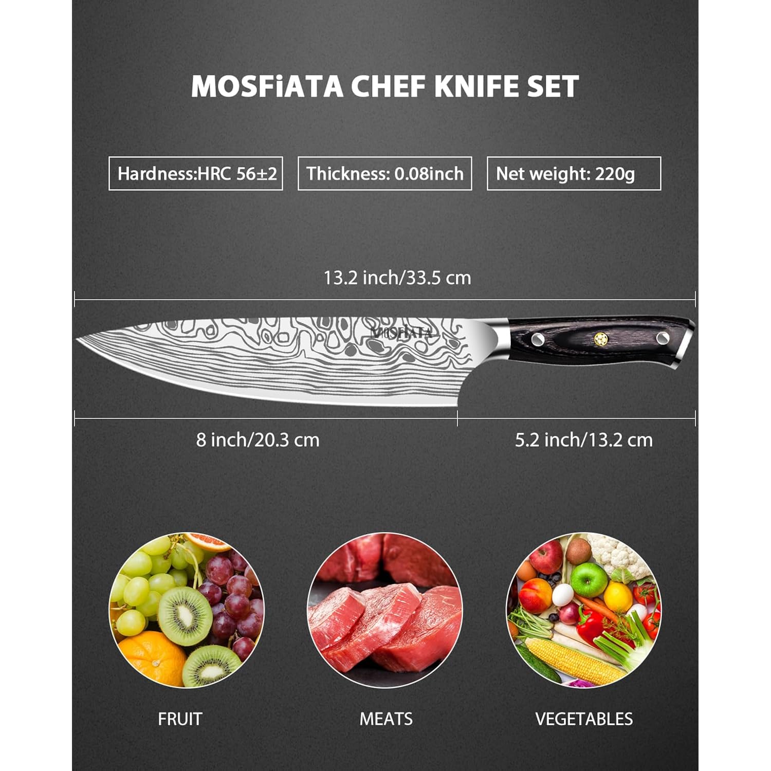 MOSFiATA 8" Super Sharp Professional Chef's Knife with Finger Guard and Knife Sharpener, German High Carbon Stainless Steel EN1.4116 with Micarta Handle and Gift Box