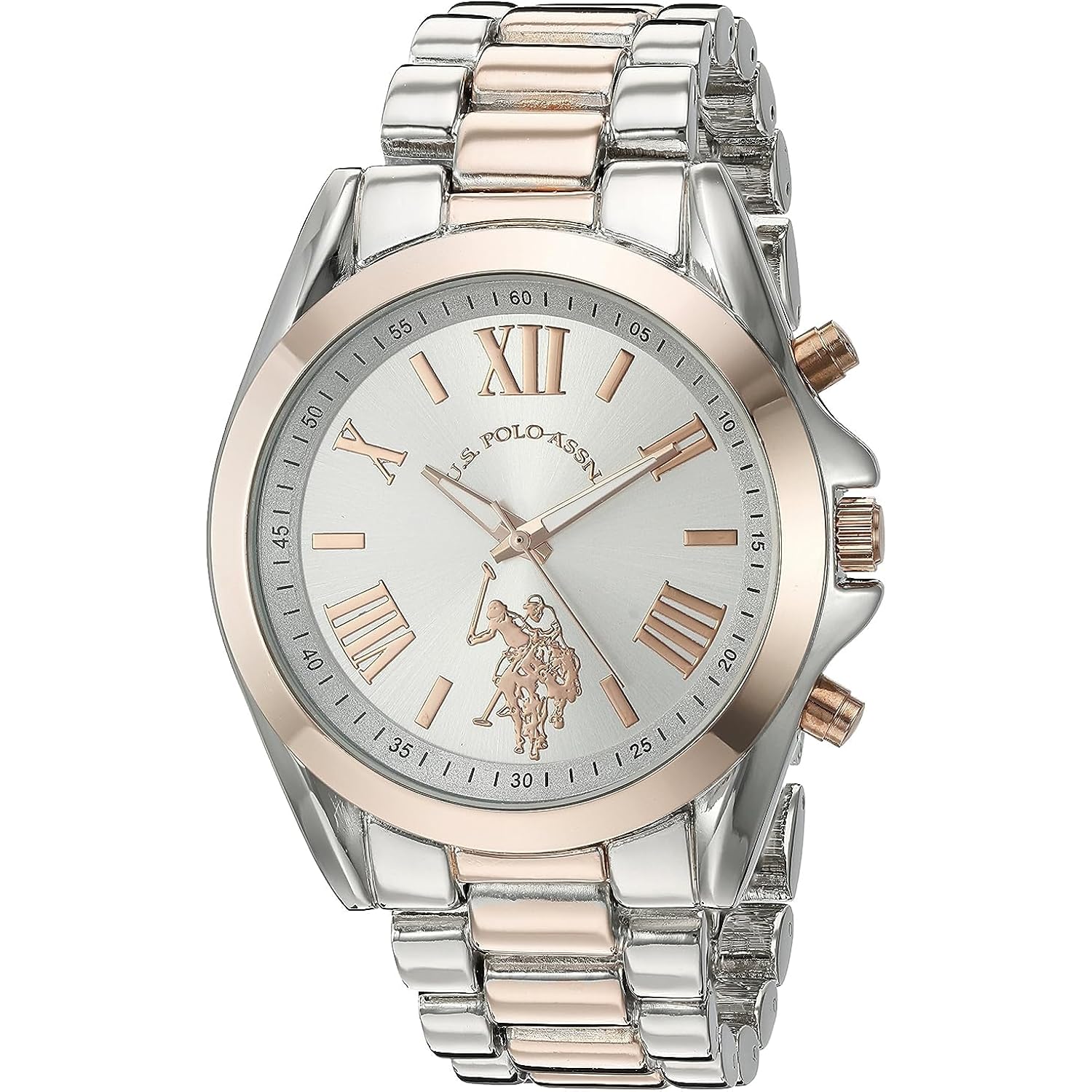 U.S. Polo Assn. Women'S Two-Tone Analog Watch – Silver Dial With Rose Gold Accents, 41Mm Metal Case, And Alloy Link Bracelet – Elegant Quartz Timepiece For Everyday Style
