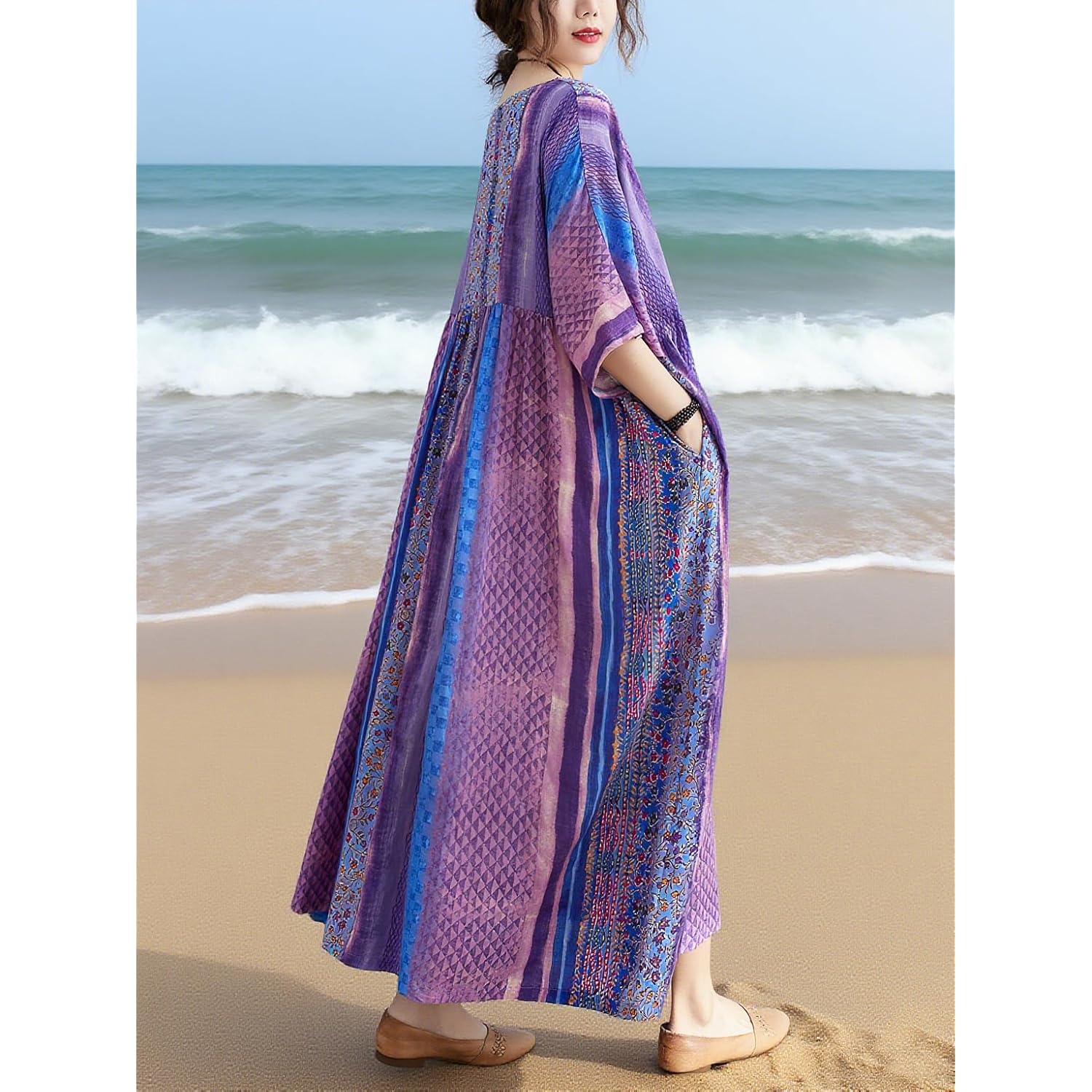 Women Summer Dress With Pockets Plus Size Boho Floral Print Round Neck Loose Casual Flowy Dress