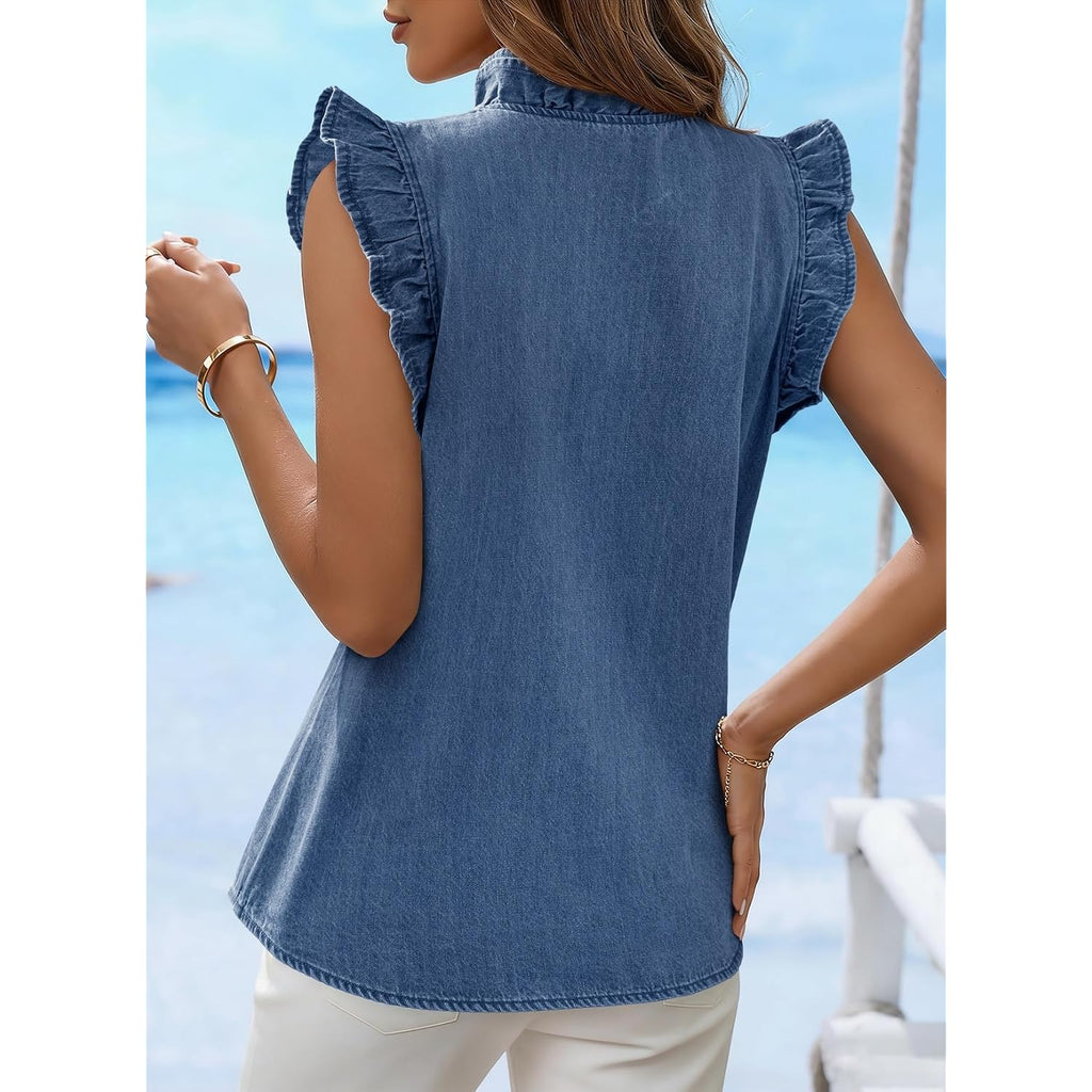 Dokotoo Denim Vest Top For Women Casual Summer Jean Vest Top Button Down Peplum V Neck Sleeveless Denim Shirt