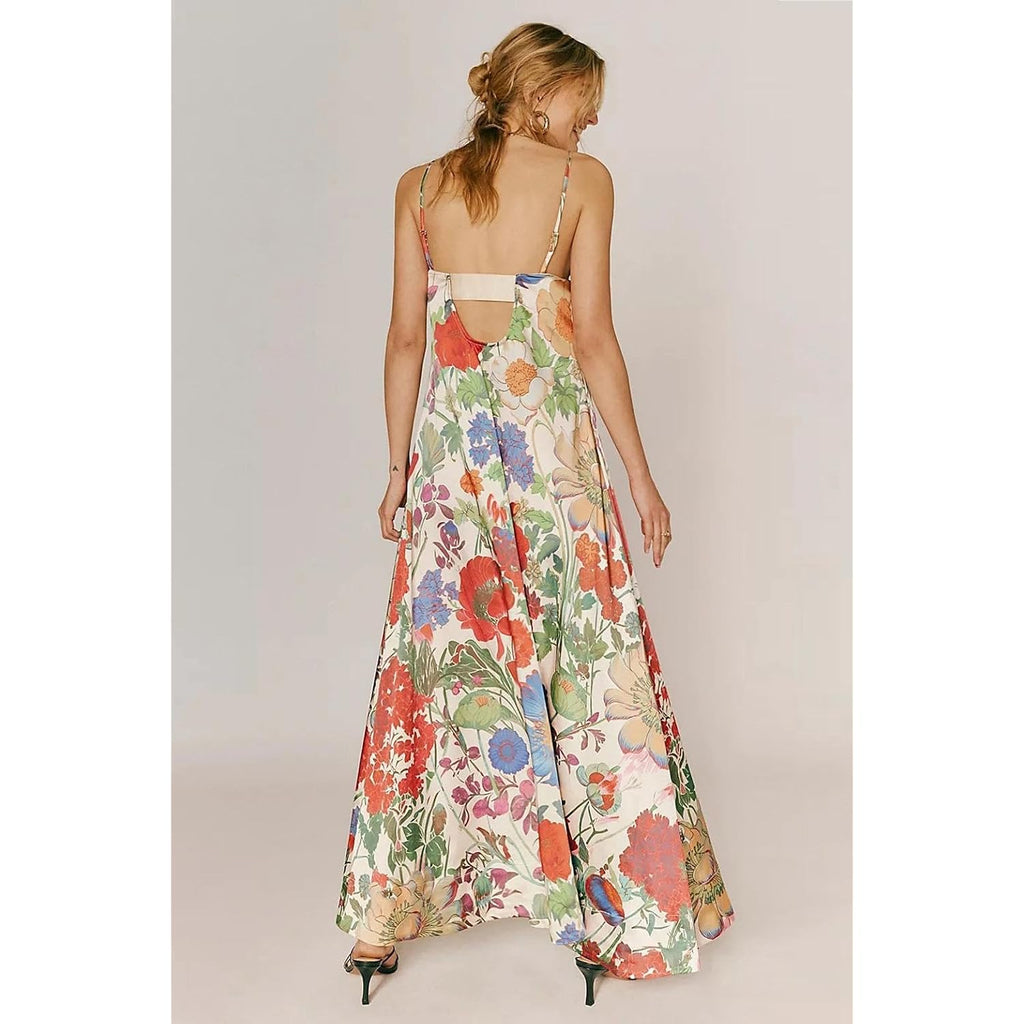 Abyovrt Women Boho Floral Maxi Dress Backless Spaghetti Strap A-Line Flowy Summer Vacation Long Dress